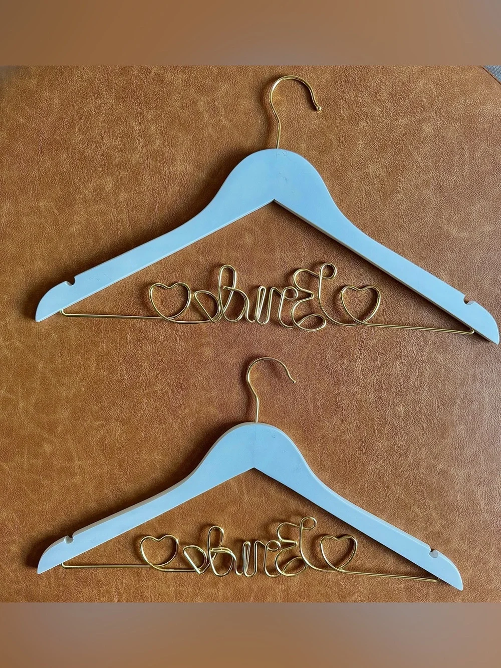 Set of 2 Bride Wedding Dress Hangers White Wood Gold Wire Hearts